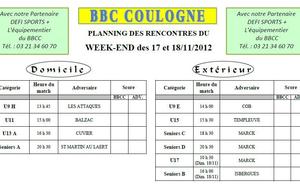 Planning des matchs des 17 et 18 novembre 2012