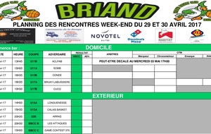 Planning des rencontres 29 et 30 avril 2017 