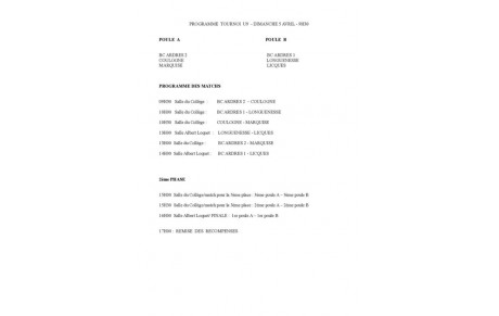Programme du tournoi d'Ardres en U9 (5/04/15)