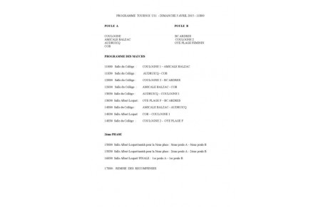 Programme du tournoi d'Ardres en U11 (5/04/15)