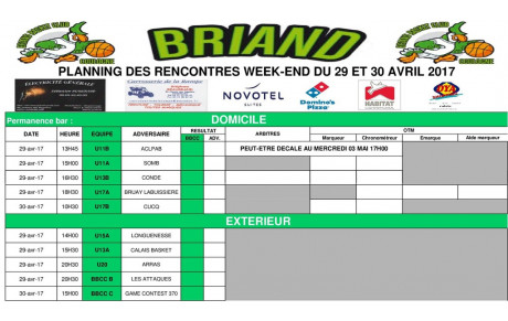 Planning des rencontres 29 et 30 avril 2017 
