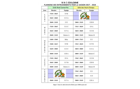 Créneaux des entrainements 2017/2018