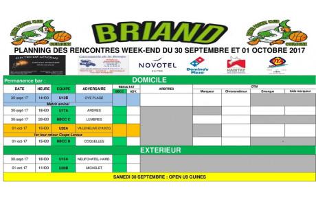 Planning des rencontres 30 septembre et 1er octobre !