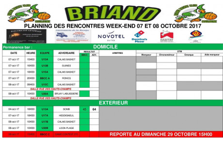 Planning des rencontres 07 et 08 octobre !