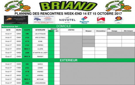 Planning des rencontres 14 et 15 octobre !