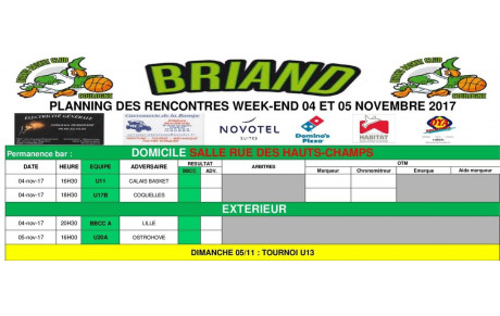 Planning des rencontres 04 et 05 novembre !