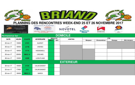 Planning des rencontres 25 et 26 novembre !