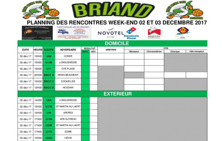 Planning des rencontres 02 et 03 décembre !
