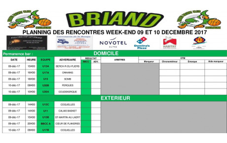 Planning des rencontres 09 et 10 décembre !
