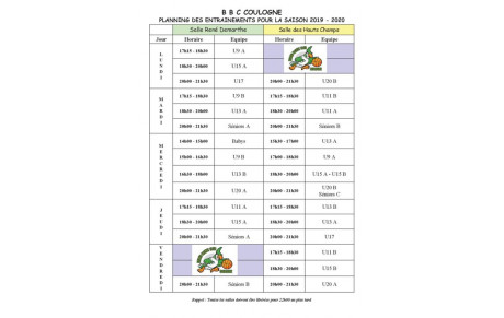 Planning des entrainements 2019/2020